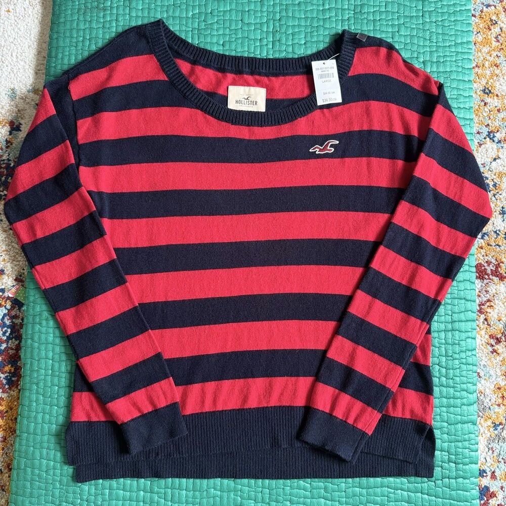 NWT NEW VINTAGE Hollister Wide Neck Sweater Blue Red Stripes Women's L Freddy